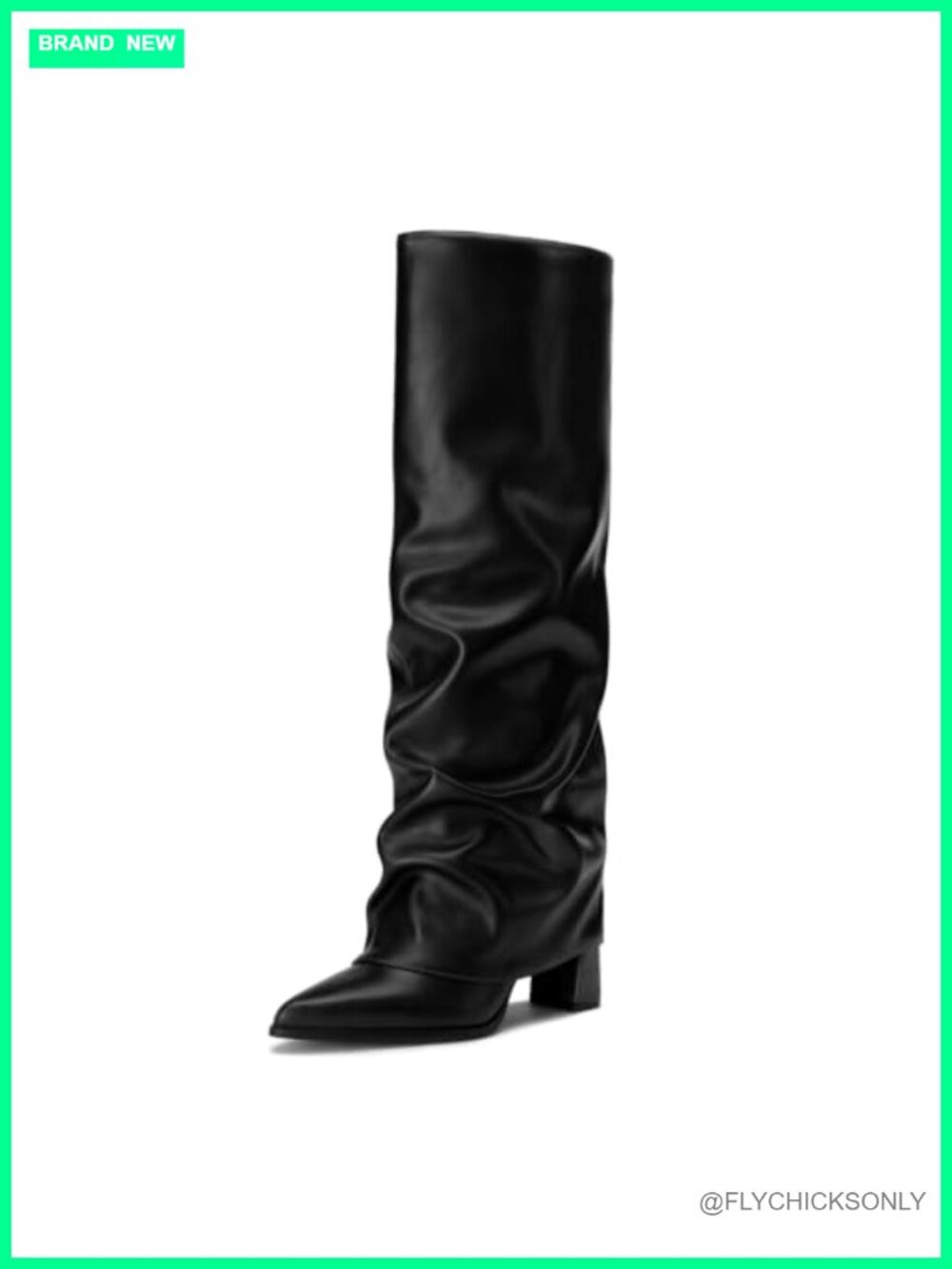 Knee High Boots Chunky Fold Over Faux Leather Pointed Toe Tall Boots